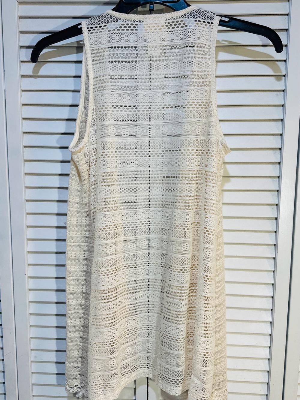 Boho Fringe Crochet Lace Vest Large Ivory Open Front Festival Style - Picture 4 of 10